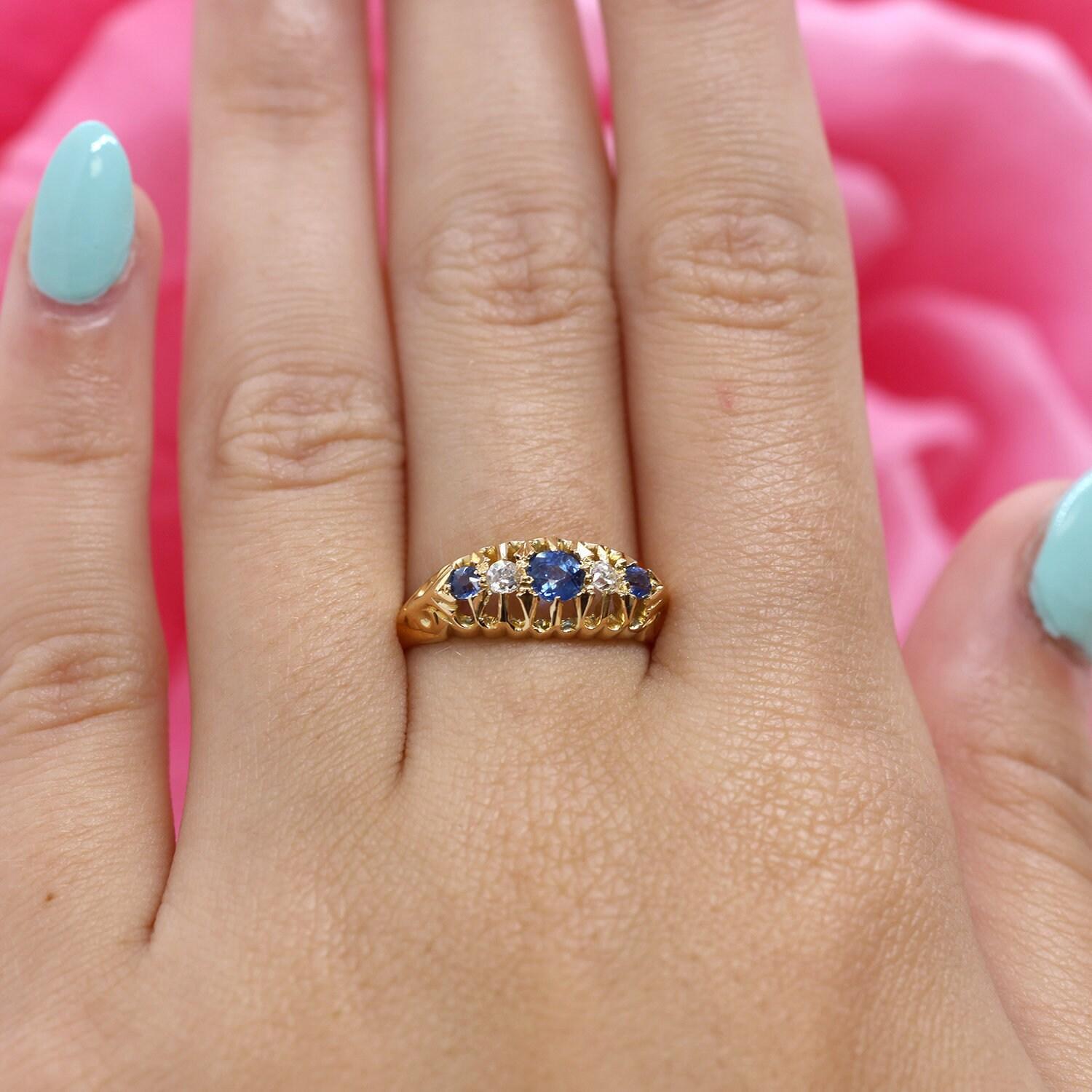 Sapphire Diamond Filigree Band Ring 18K Yellow Gold 0.38 CTW Size 6.25 Estate