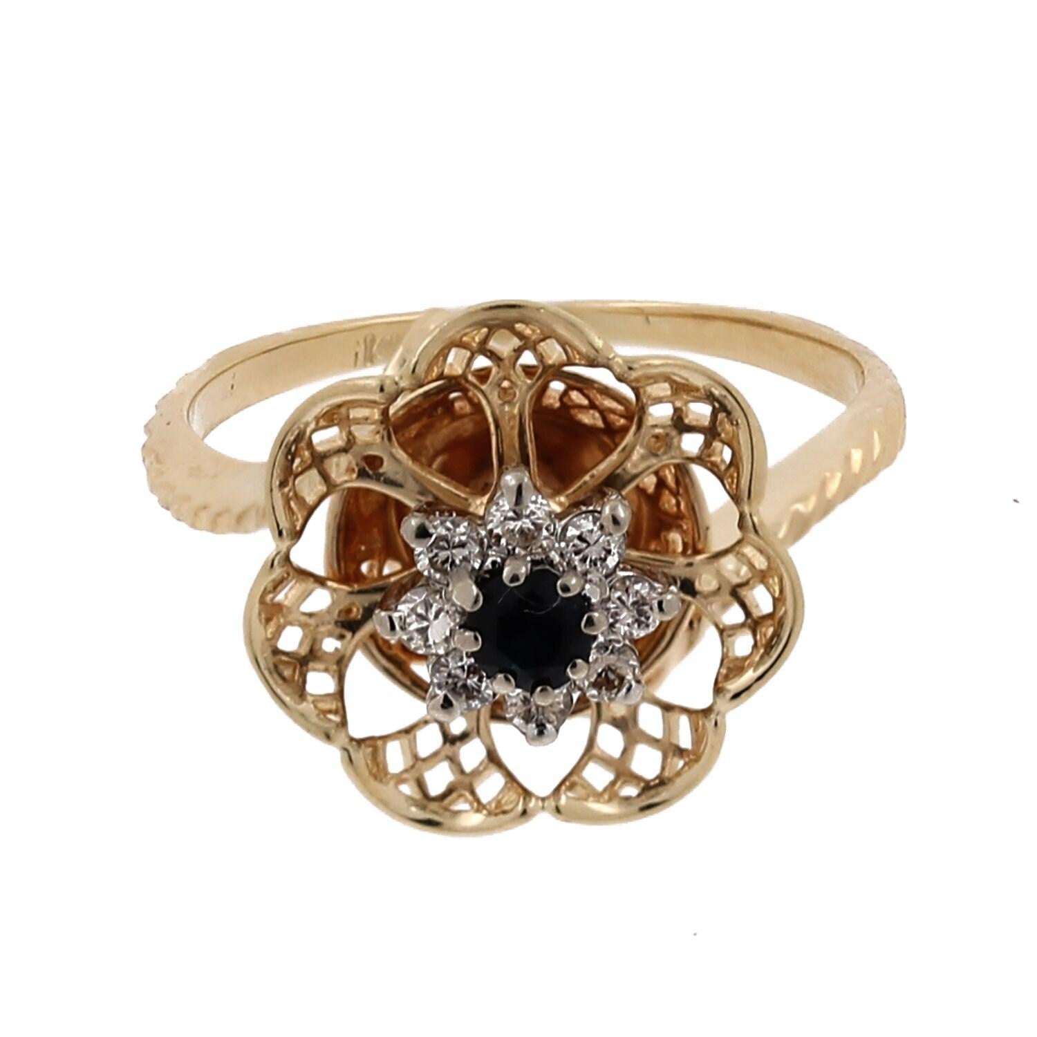 Vintage Sapphire Diamond Flower Filigree Ring 14K Yellow Gold 0.45 CTW Size 6