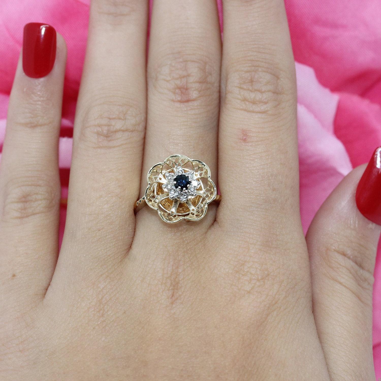 Vintage Sapphire Diamond Flower Filigree Ring 14K Yellow Gold 0.45 CTW Size 6