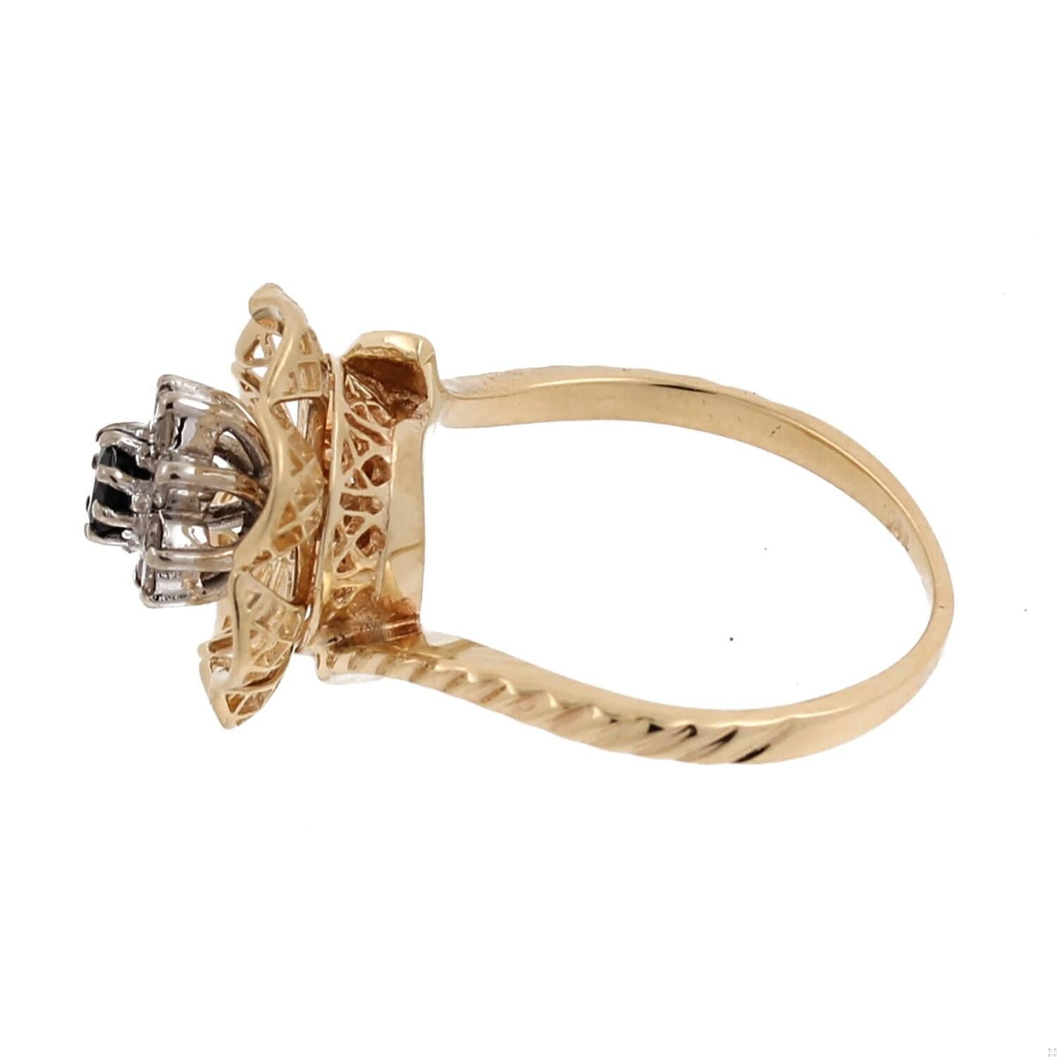 Vintage Sapphire Diamond Flower Filigree Ring 14K Yellow Gold 0.45 CTW Size 6
