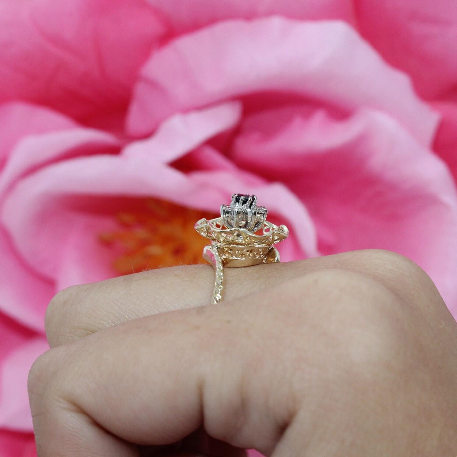 Vintage Sapphire Diamond Flower Filigree Ring 14K Yellow Gold 0.45 CTW Size 6