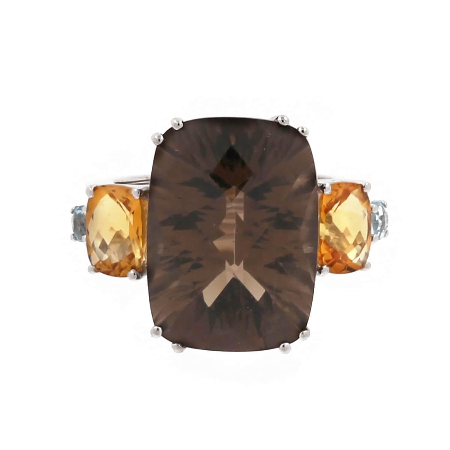 Smoky Quartz Citrine Blue Topaz Statement Ring 14K White Gold Size 6.5 Estate
