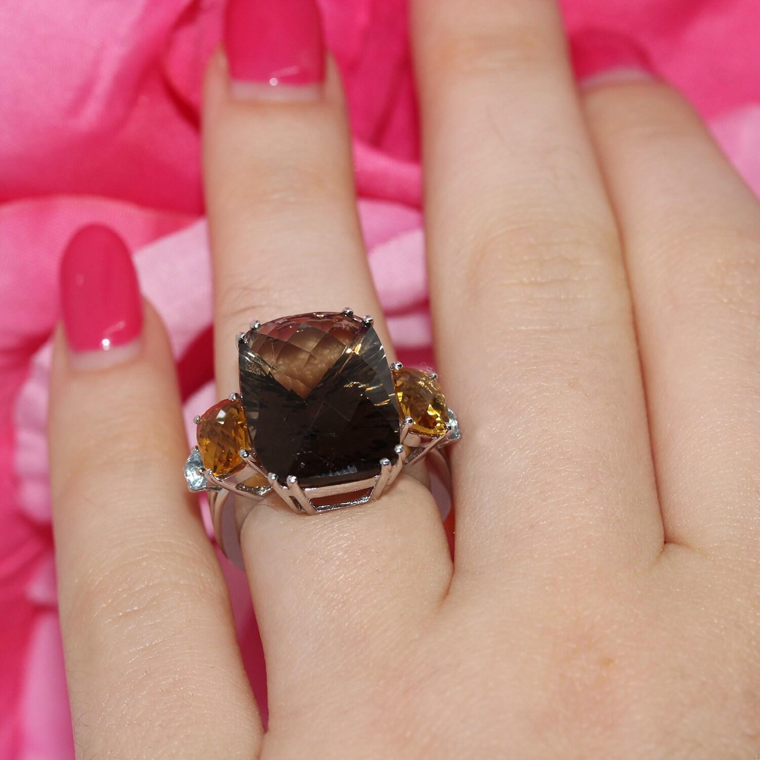 Smoky Quartz Citrine Blue Topaz Statement Ring 14K White Gold Size 6.5 Estate