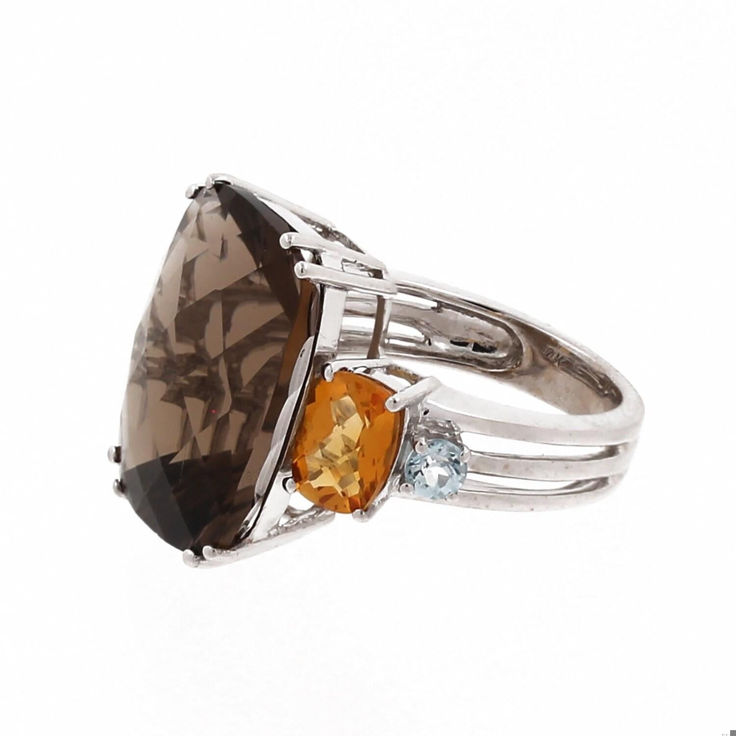 Smoky Quartz Citrine Blue Topaz Statement Ring 14K White Gold Size 6.5 Estate
