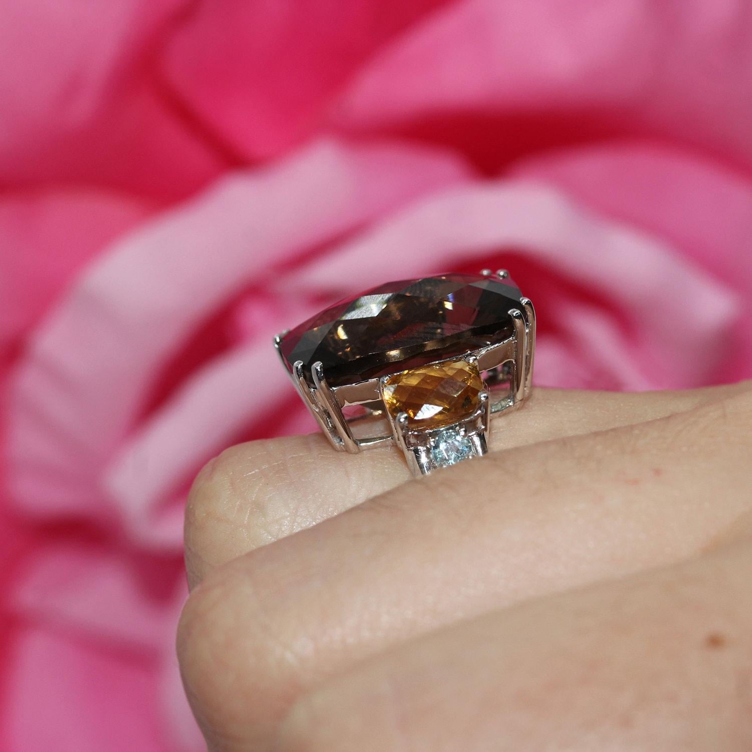 Smoky Quartz Citrine Blue Topaz Statement Ring 14K White Gold Size 6.5 Estate