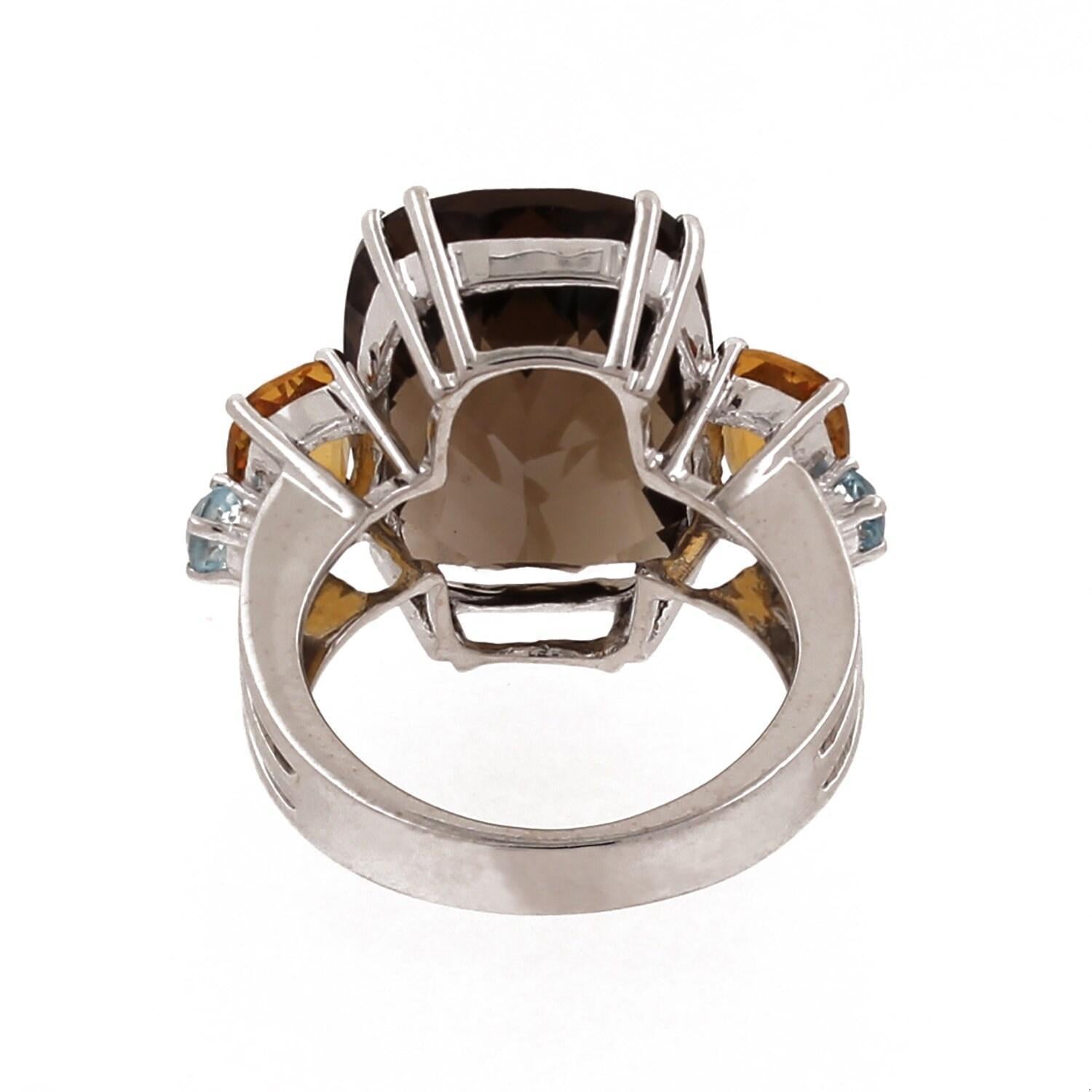 Smoky Quartz Citrine Blue Topaz Statement Ring 14K White Gold Size 6.5 Estate
