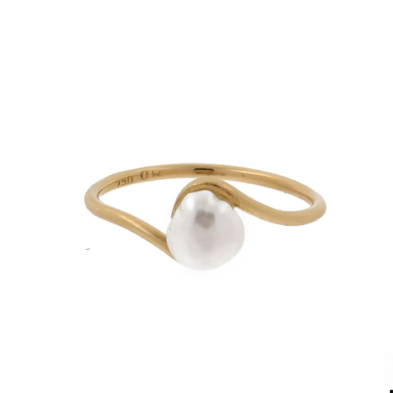 Solitaire Freshwater Pearl Bypass Ring 18K Yellow Gold Swirl SZ 6.25 Estate