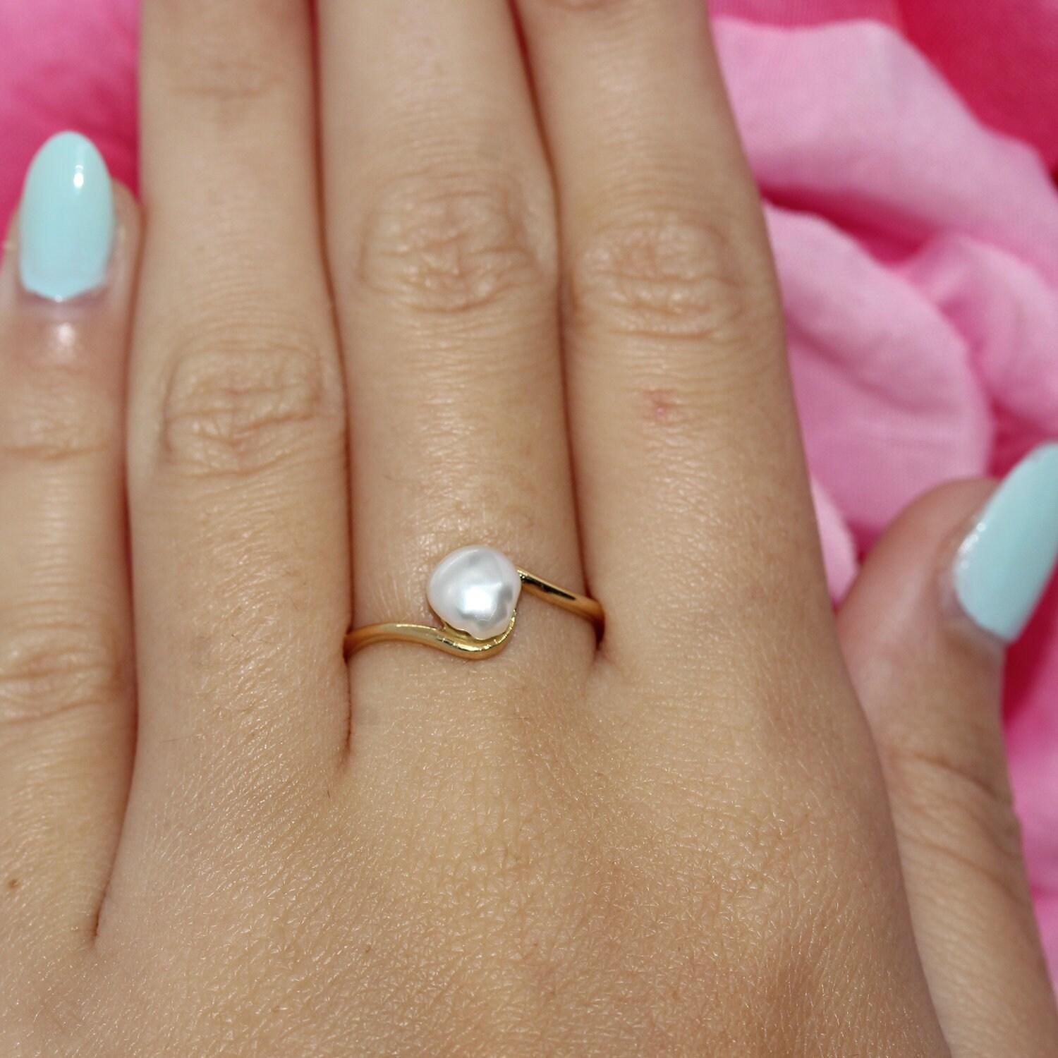 Solitaire Freshwater Pearl Bypass Ring 18K Yellow Gold Swirl SZ 6.25 Estate