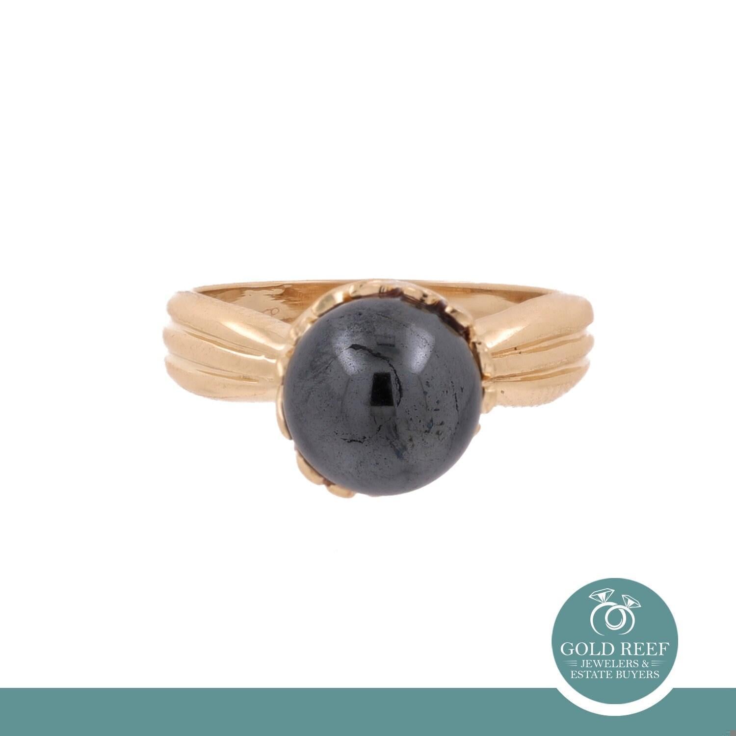 Solitaire Round Hematite Cocktail Ring Yellow Gold Size 8.75 Ladies Estate