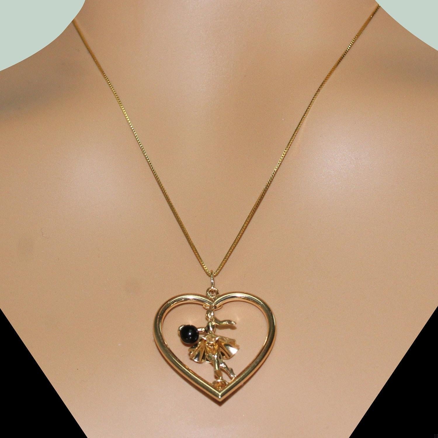 Spinning Ballerina Open Heart Pendant Charm 14K Yellow Gold 1.25" Ladies Vintage