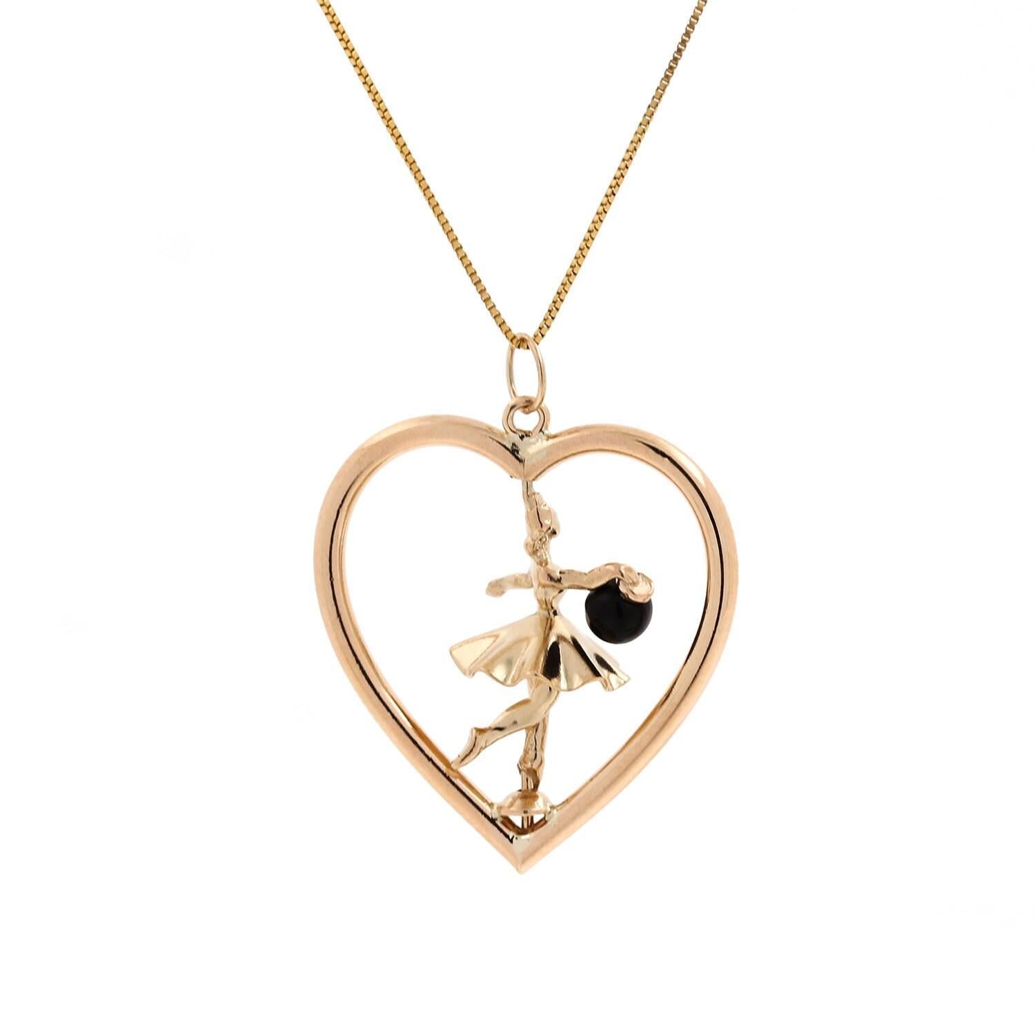 Spinning Ballerina Open Heart Pendant Charm 14K Yellow Gold 1.25" Ladies Vintage