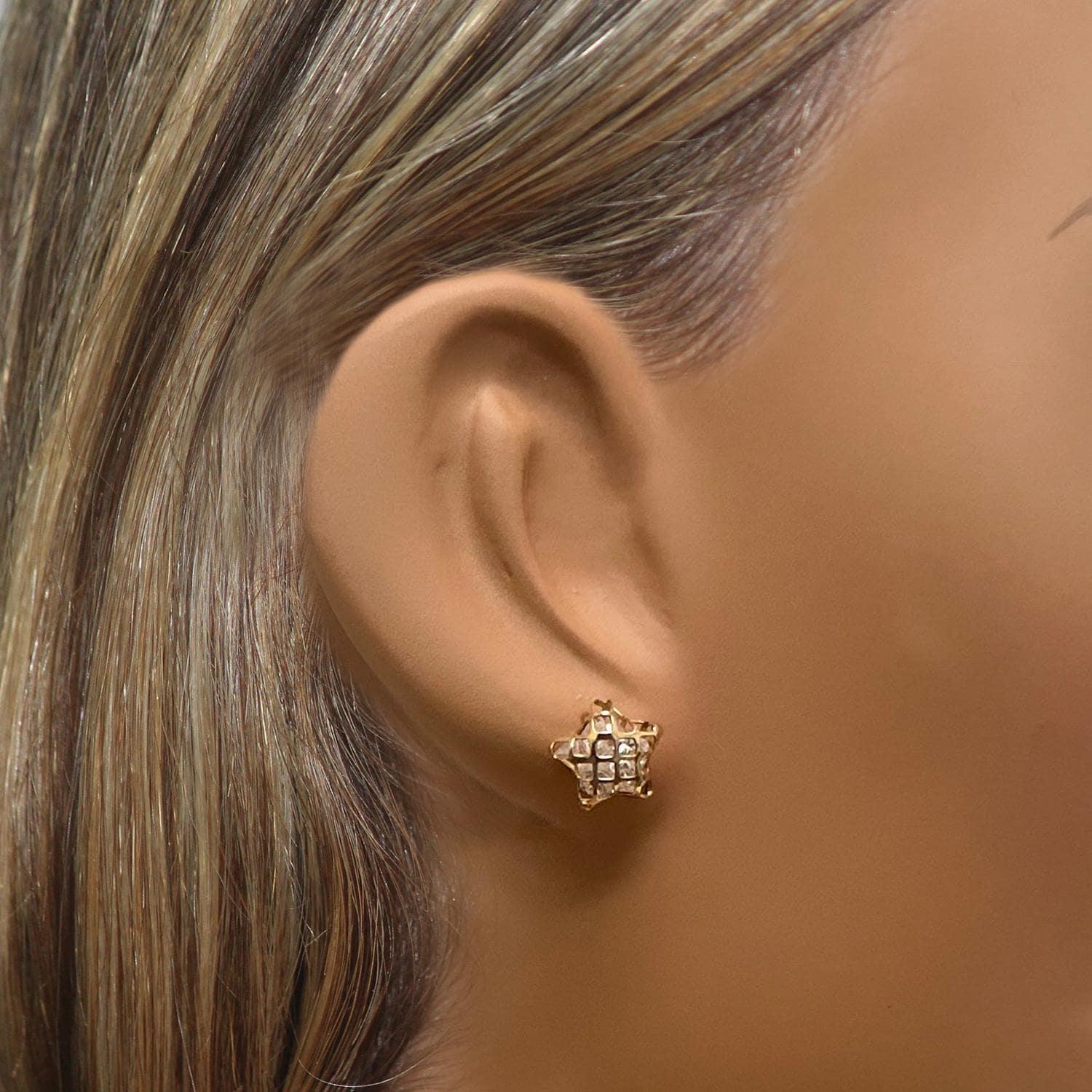 Star Cubic Zirconia Gem Stud Earrings 14K Yellow Gold Filigree Gold Estate 0.30"