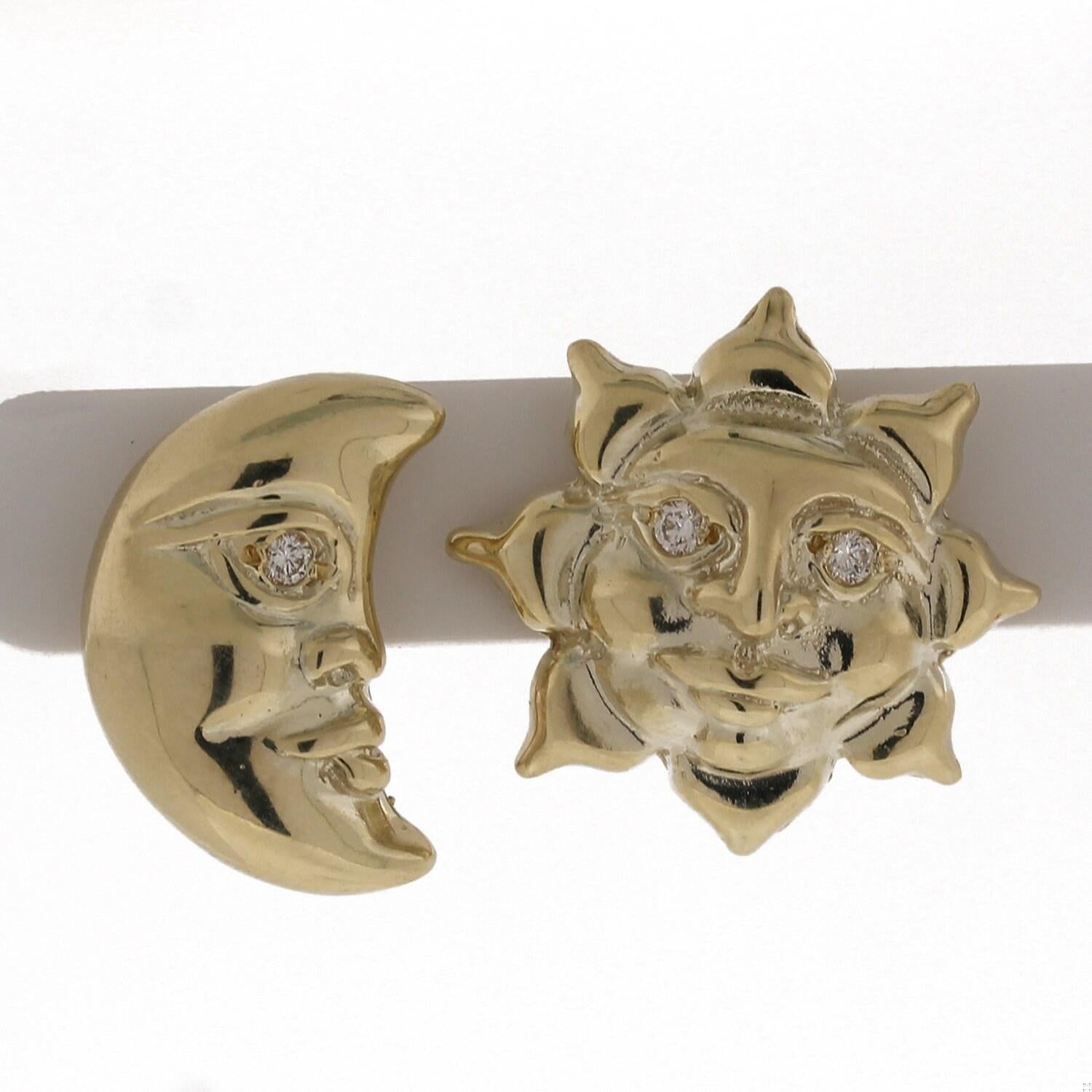 Sun and Moon Diamond Earrings 14K Yellow Gold 0.15 CTW Omega Backs Celestial