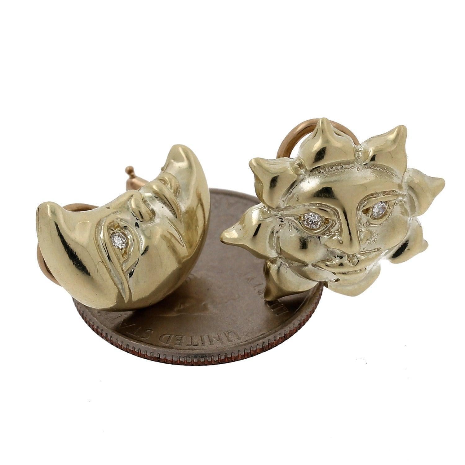 Sun and Moon Diamond Earrings 14K Yellow Gold 0.15 CTW Omega Backs Celestial