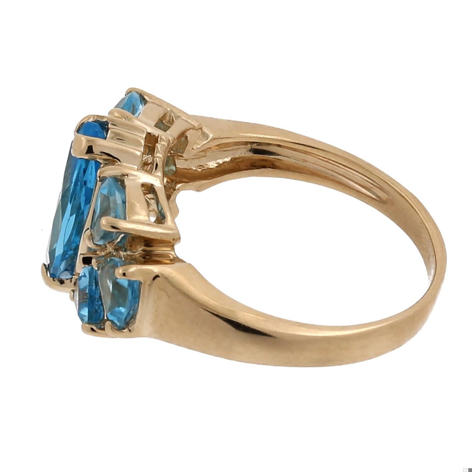 Blue Topaz Cocktail Ring 14K Yellow Gold 3.83 CTW Marquise Trillion Cut Size 6.5
