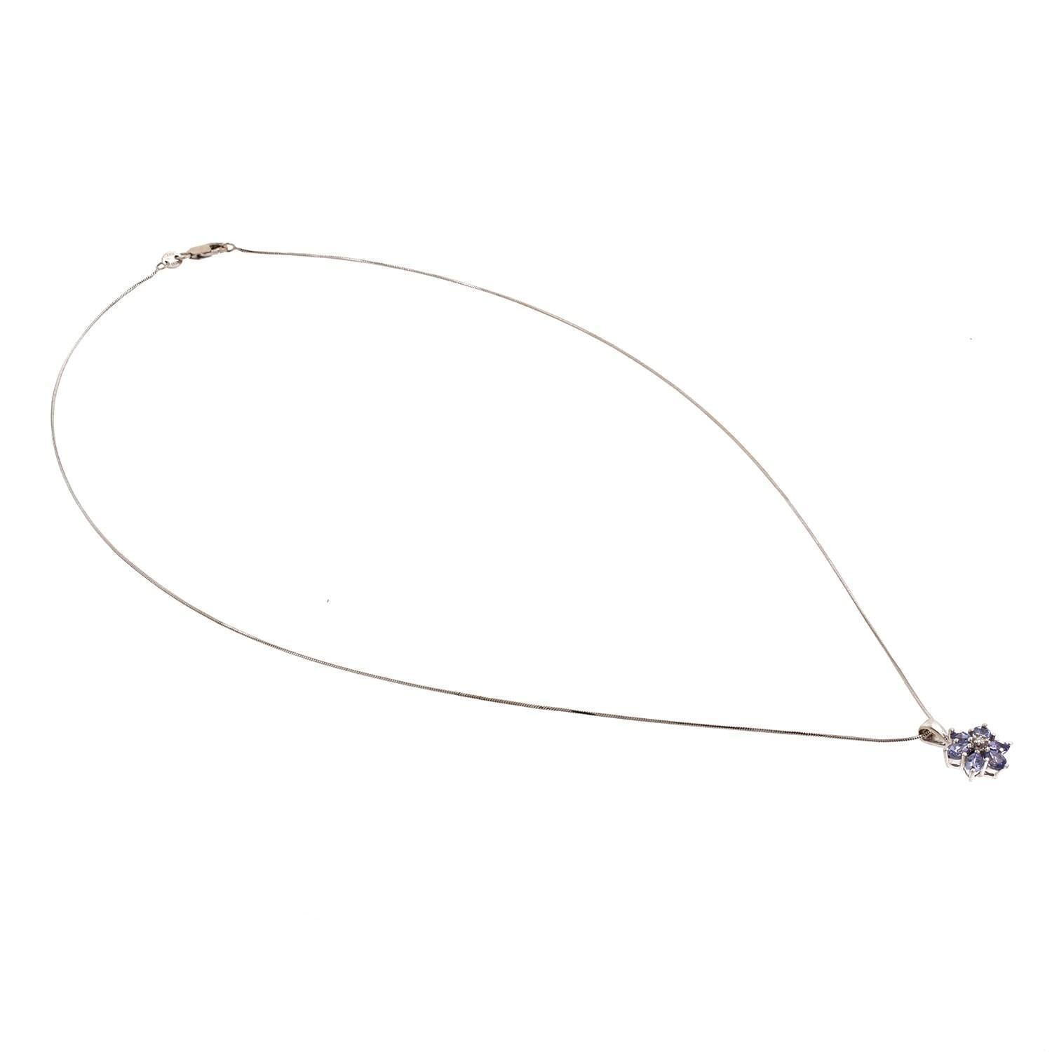 Tanzanite Diamond Flower Pendant Snake Chain Necklace 14K White Gold 18.75"