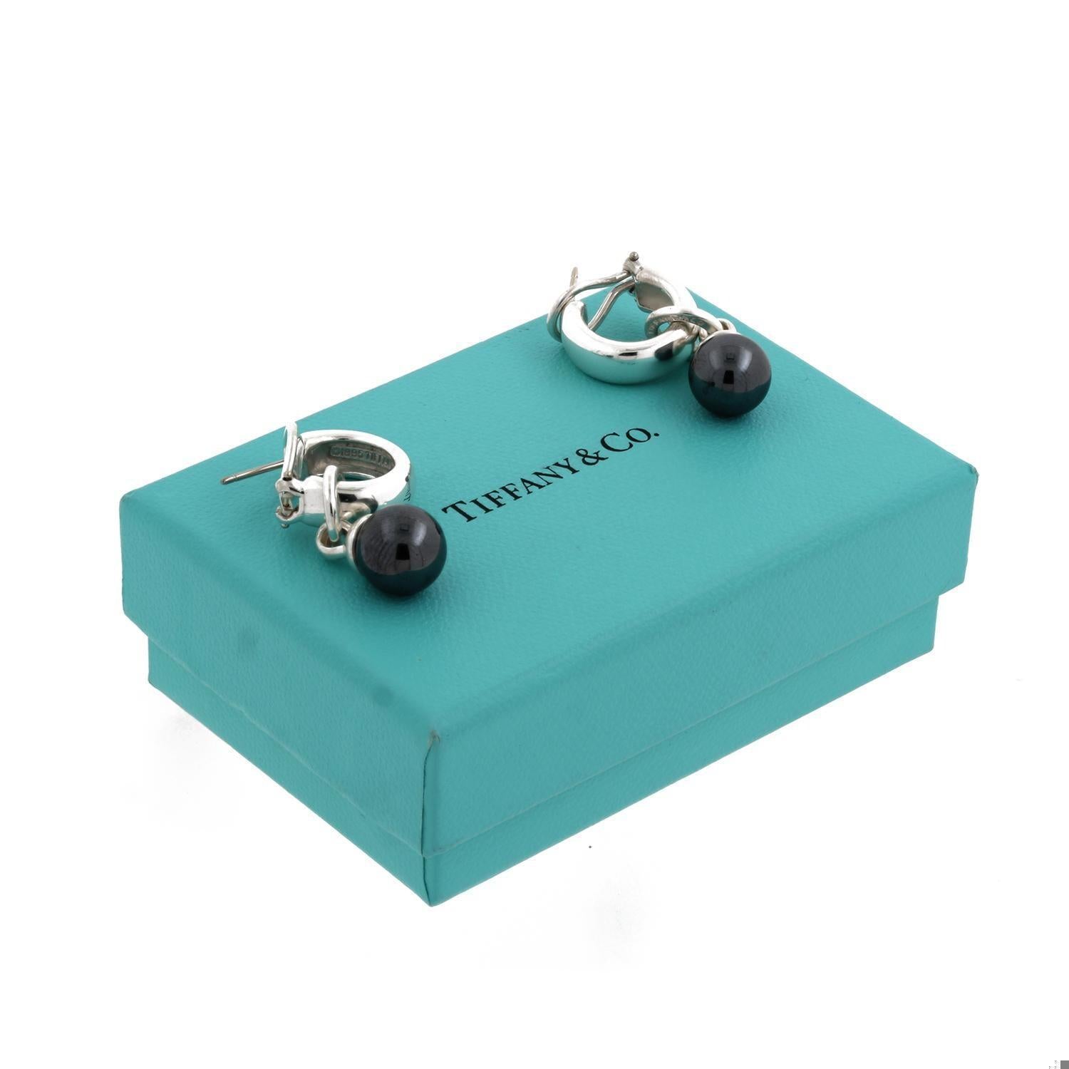 Tiffany & Co. Hematite Fascination Ball Dangle Earrings Sterling Silver 1.15"