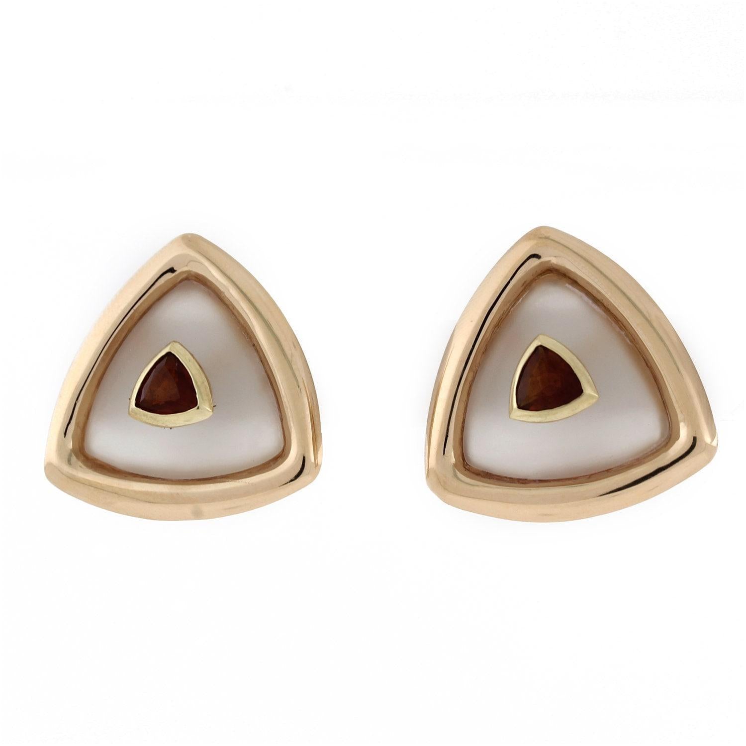 Rock Crystal Citrine Gems Triangle Stud Earrings 14K Gold 1" Omega Backs Ladies