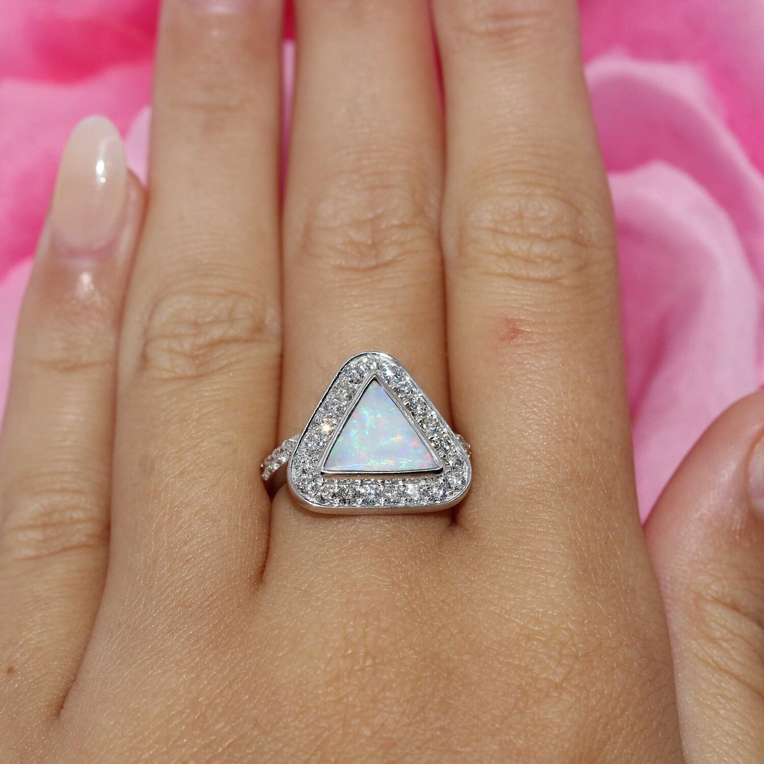 Trillion Cut Opal Diamond Halo Ring 14K White Gold 1.85 CTW SZ 4.25 Estate