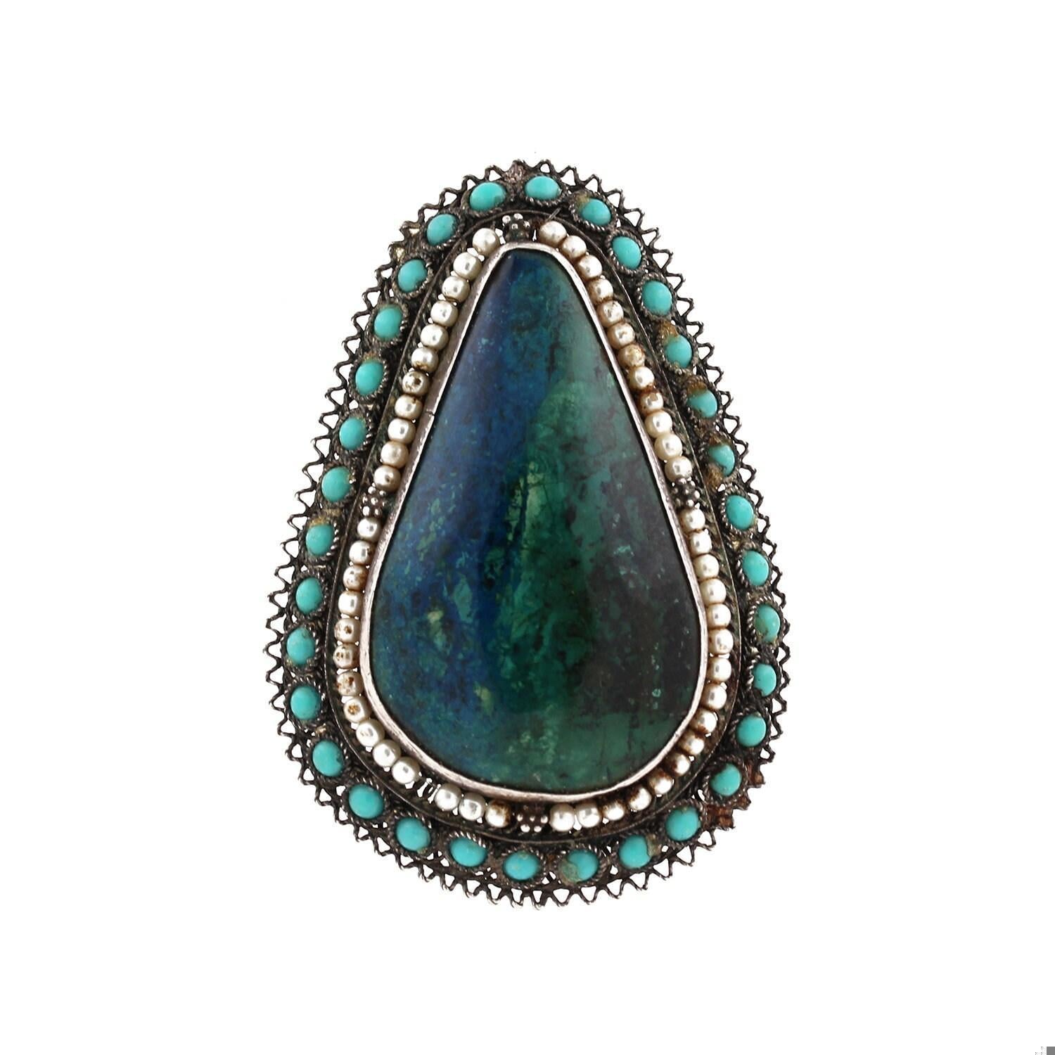 Turquoise Pearl Pin Brooch Pendant Sterling Silver Vintage 2.80"