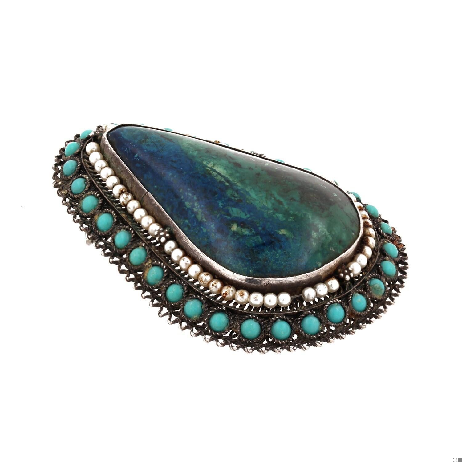 Turquoise Pearl Pin Brooch Pendant Sterling Silver Vintage 2.80"