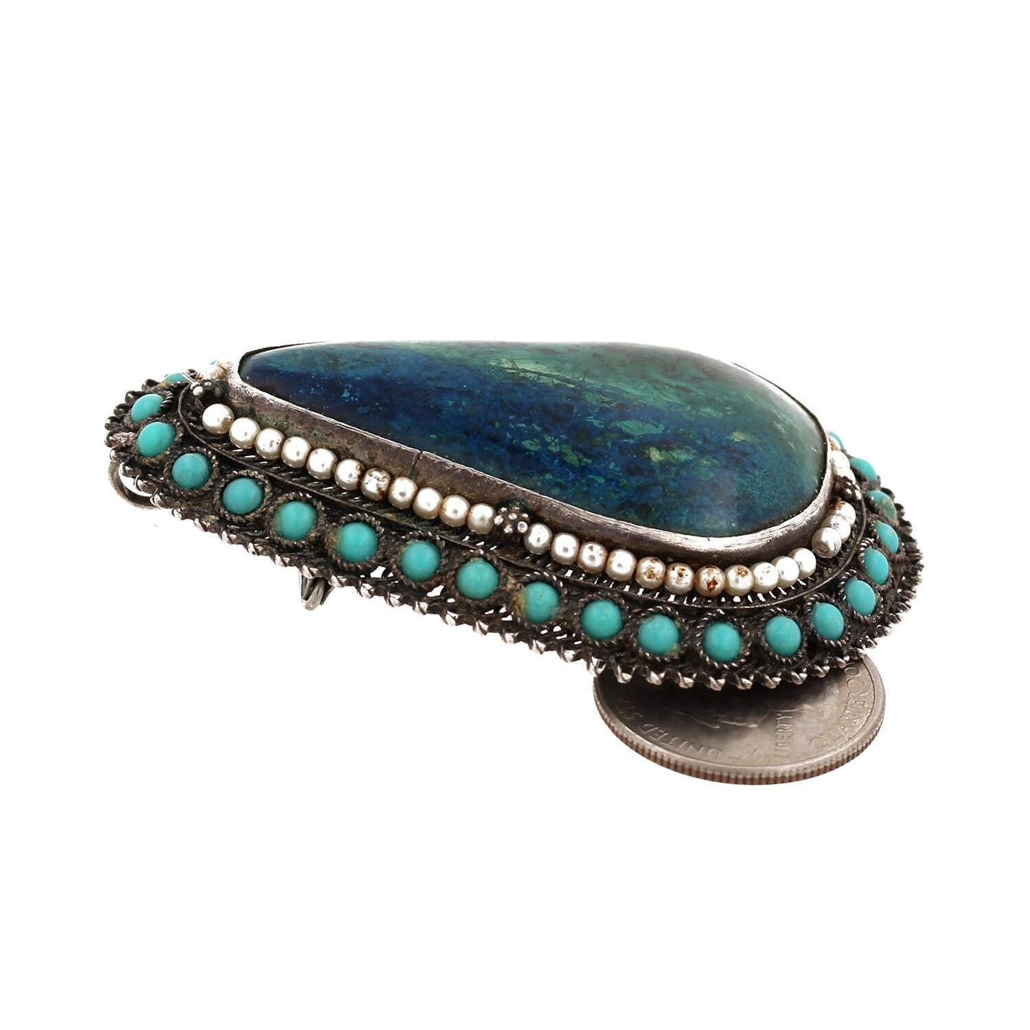 Turquoise Pearl Pin Brooch Pendant Sterling Silver Vintage 2.80"