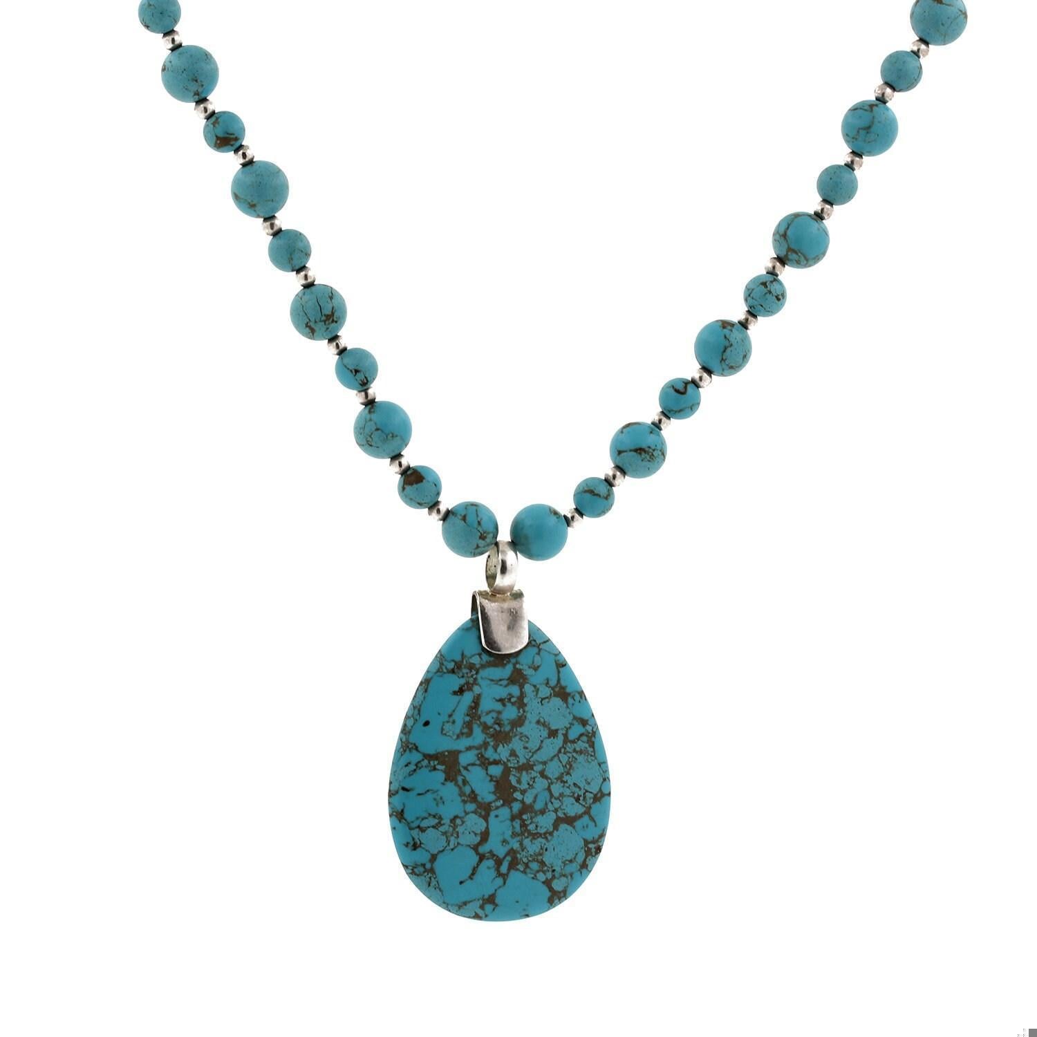 Turquoise Teardrop Pendant Turquoise Beaded Necklace Sterling Silver 20"