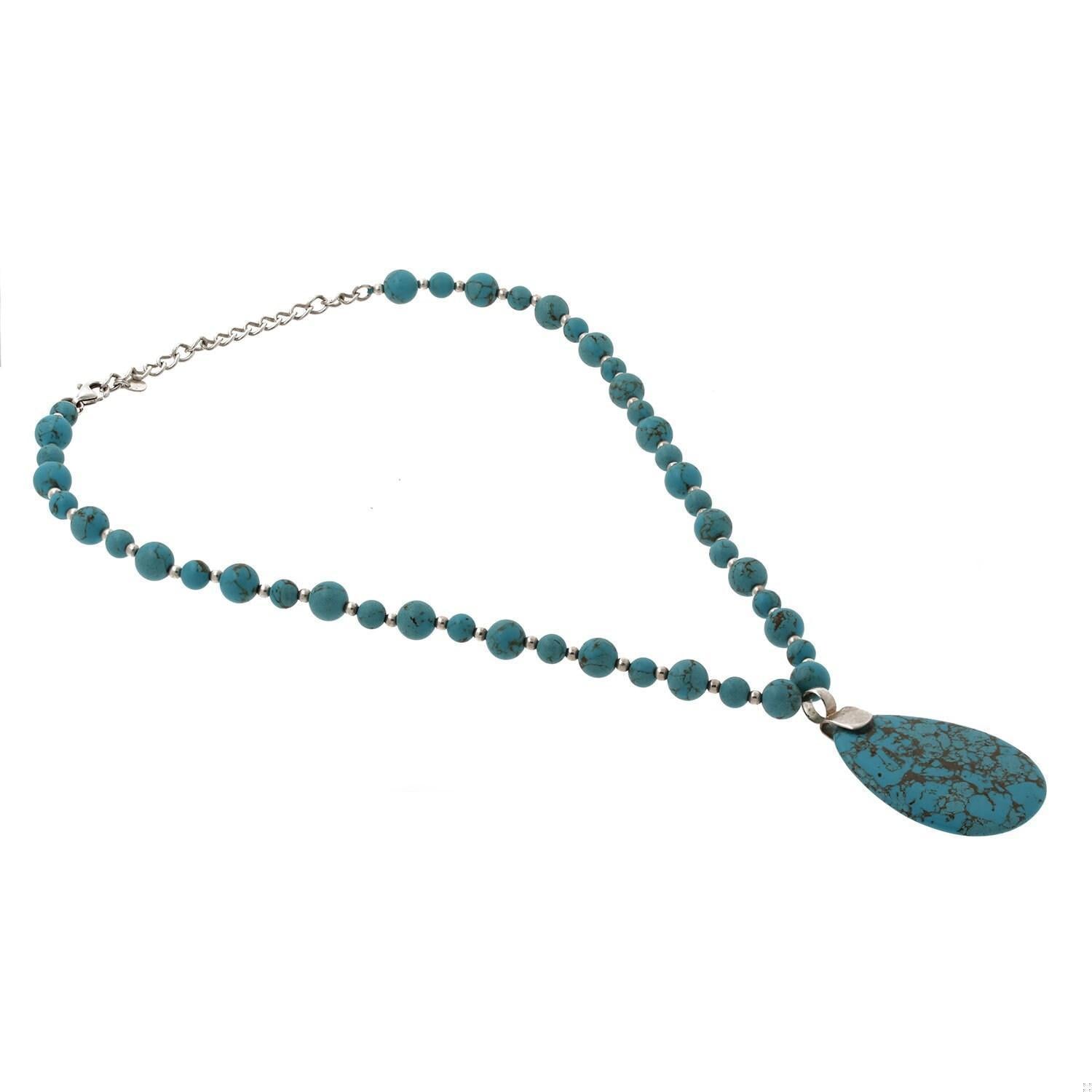 Turquoise Teardrop Pendant Turquoise Beaded Necklace Sterling Silver 20"