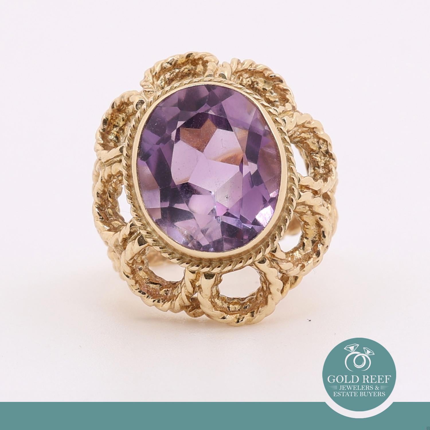 7.00 CT Amethyst Solitaire Ring Filigree Yellow Gold Cable Design Size 5 Ladies