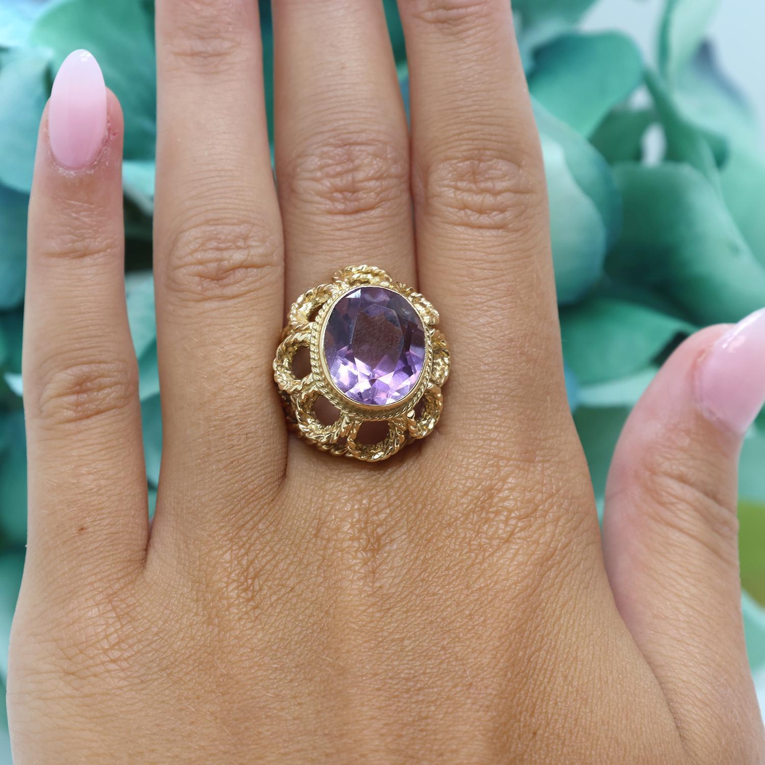 7.00 CT Amethyst Solitaire Ring Filigree Yellow Gold Cable Design Size 5 Ladies