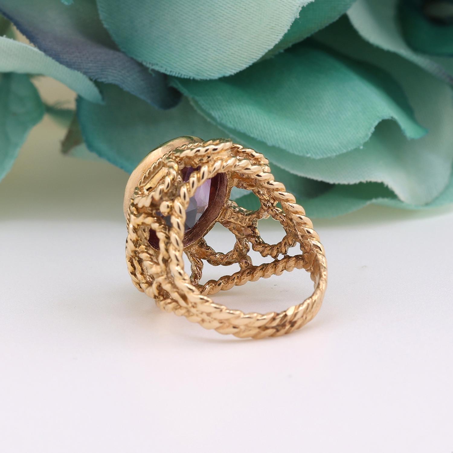 7.00 CT Amethyst Solitaire Ring Filigree Yellow Gold Cable Design Size 5 Ladies