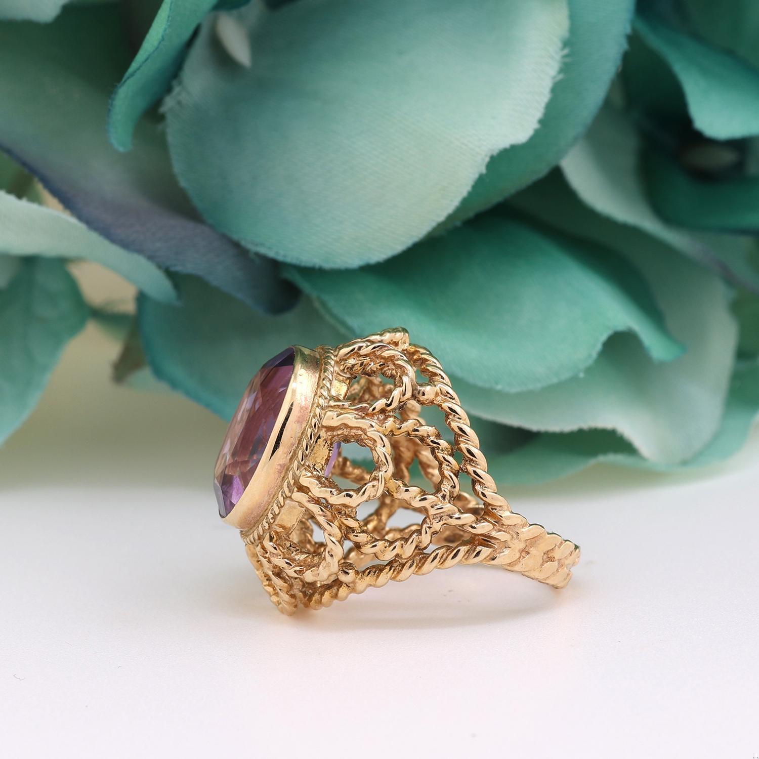 7.00 CT Amethyst Solitaire Ring Filigree Yellow Gold Cable Design Size 5 Ladies