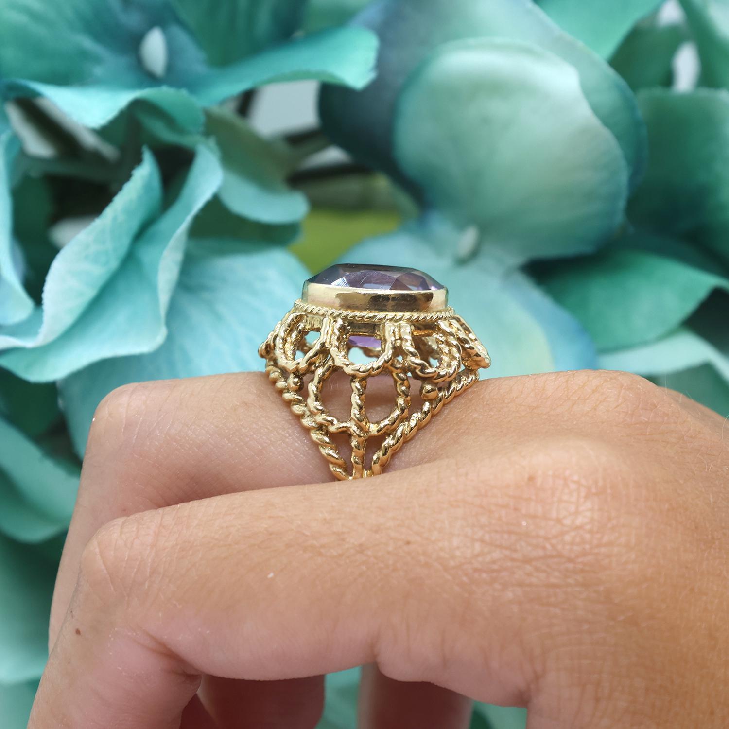 7.00 CT Amethyst Solitaire Ring Filigree Yellow Gold Cable Design Size 5 Ladies