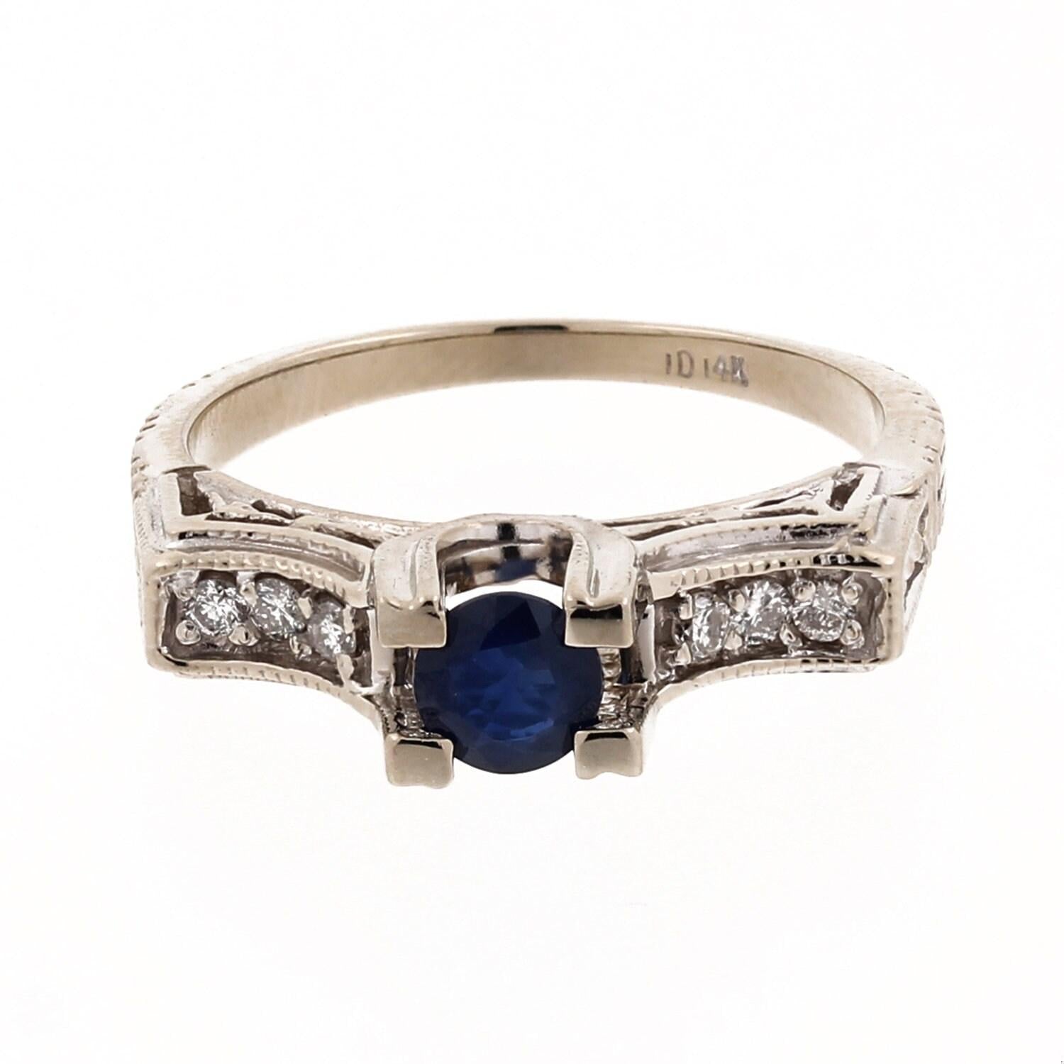 Blue Sapphire Diamond Ring White Gold Greek Key 0.70 CTW Size 8.25 Estate
