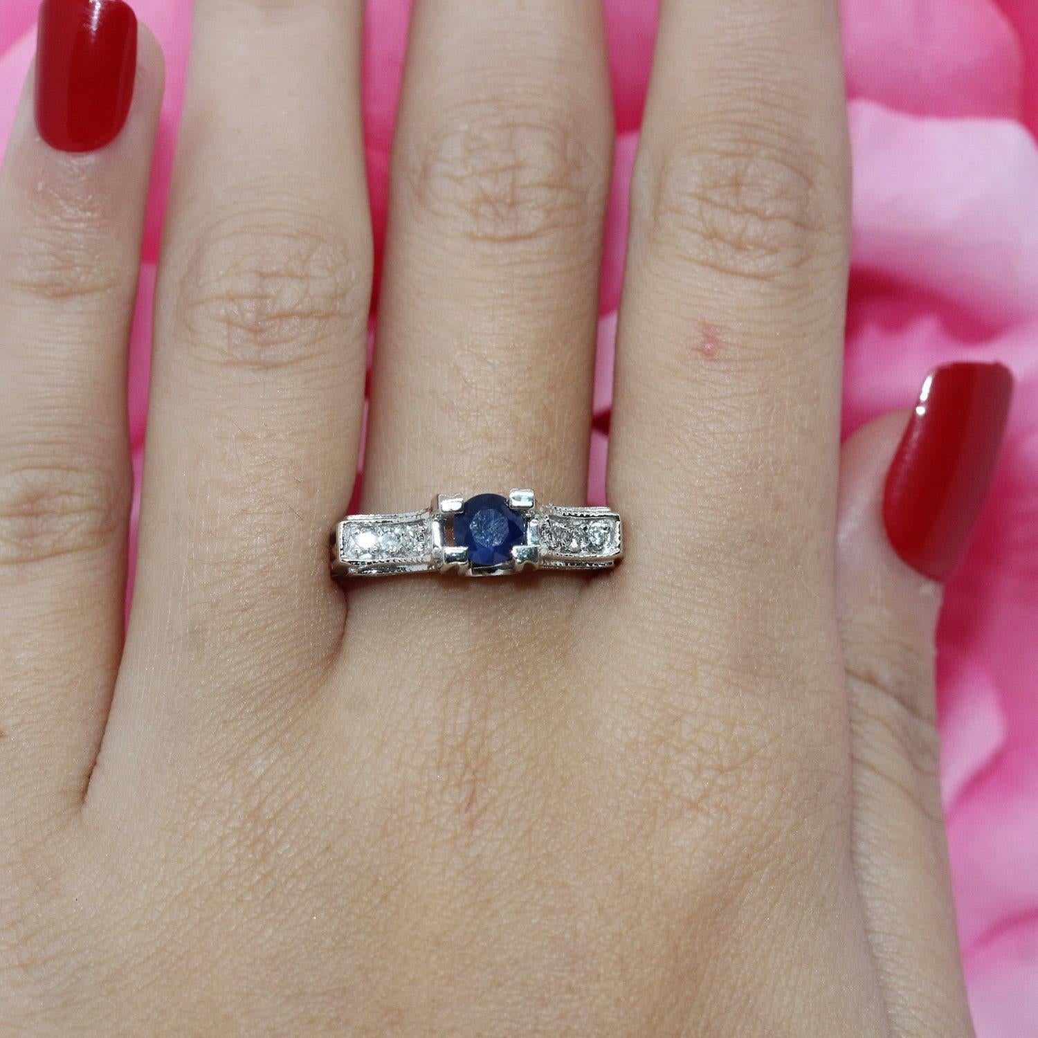 Blue Sapphire Diamond Ring White Gold Greek Key 0.70 CTW Size 8.25 Estate