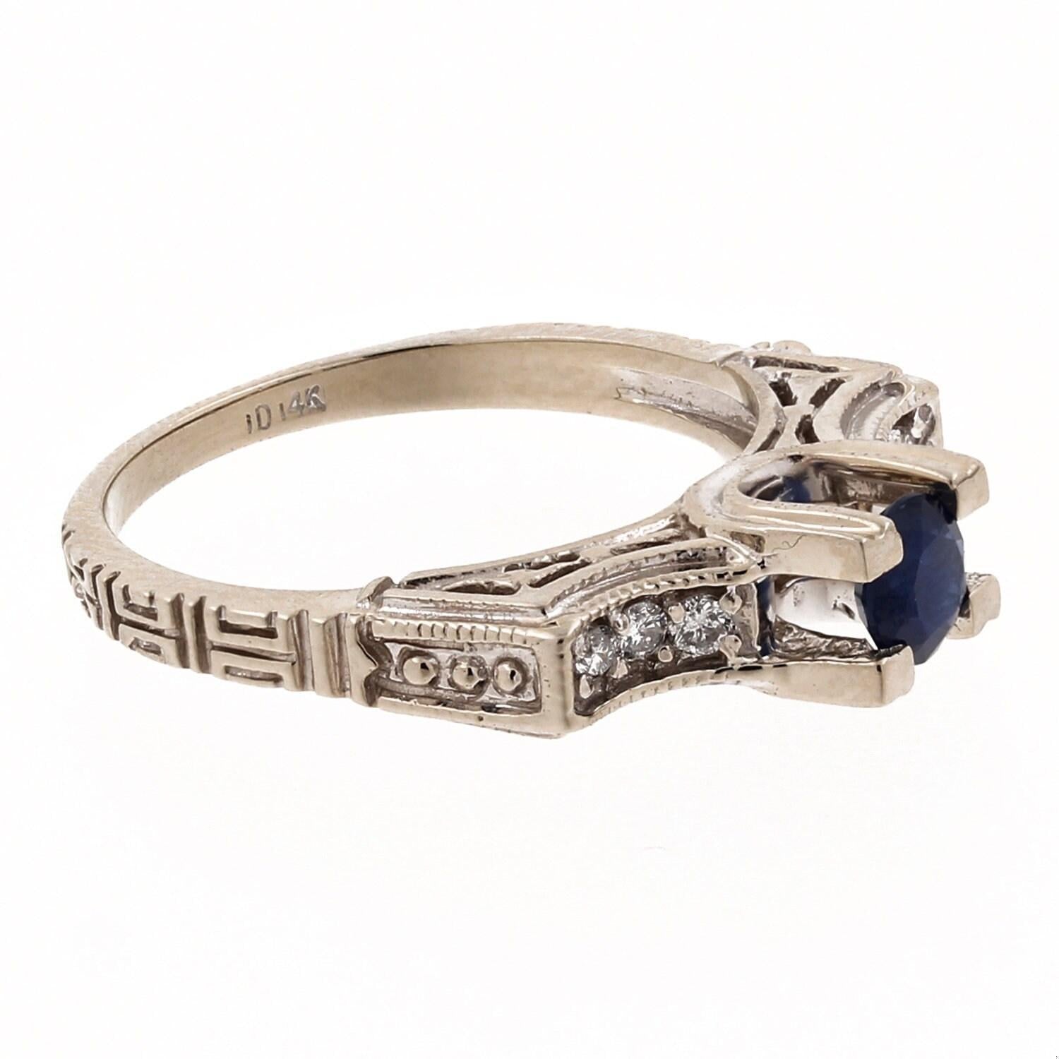 Blue Sapphire Diamond Ring White Gold Greek Key 0.70 CTW Size 8.25 Estate