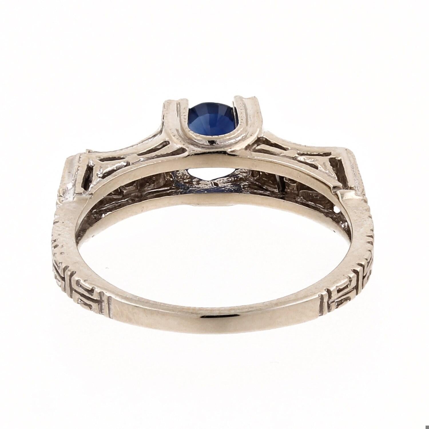 Blue Sapphire Diamond Ring White Gold Greek Key 0.70 CTW Size 8.25 Estate