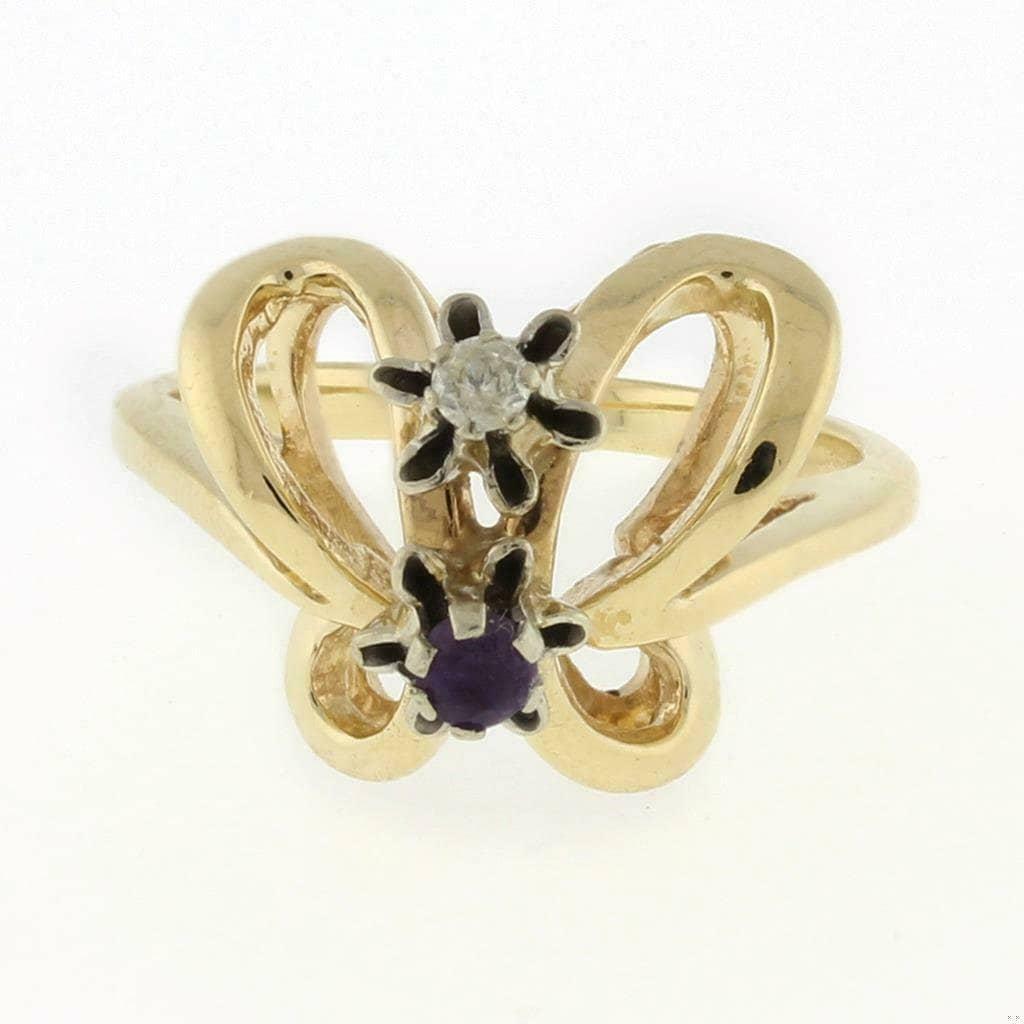 Butterfly Ring 14K Yellow Gold Amethyst Diamond 0.10 CTW Size 4.5 Ladies Vintage