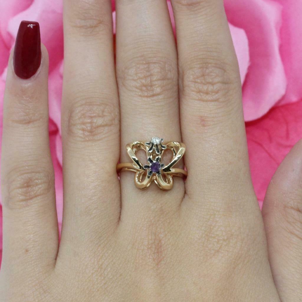 Butterfly Ring 14K Yellow Gold Amethyst Diamond 0.10 CTW Size 4.5 Ladies Vintage