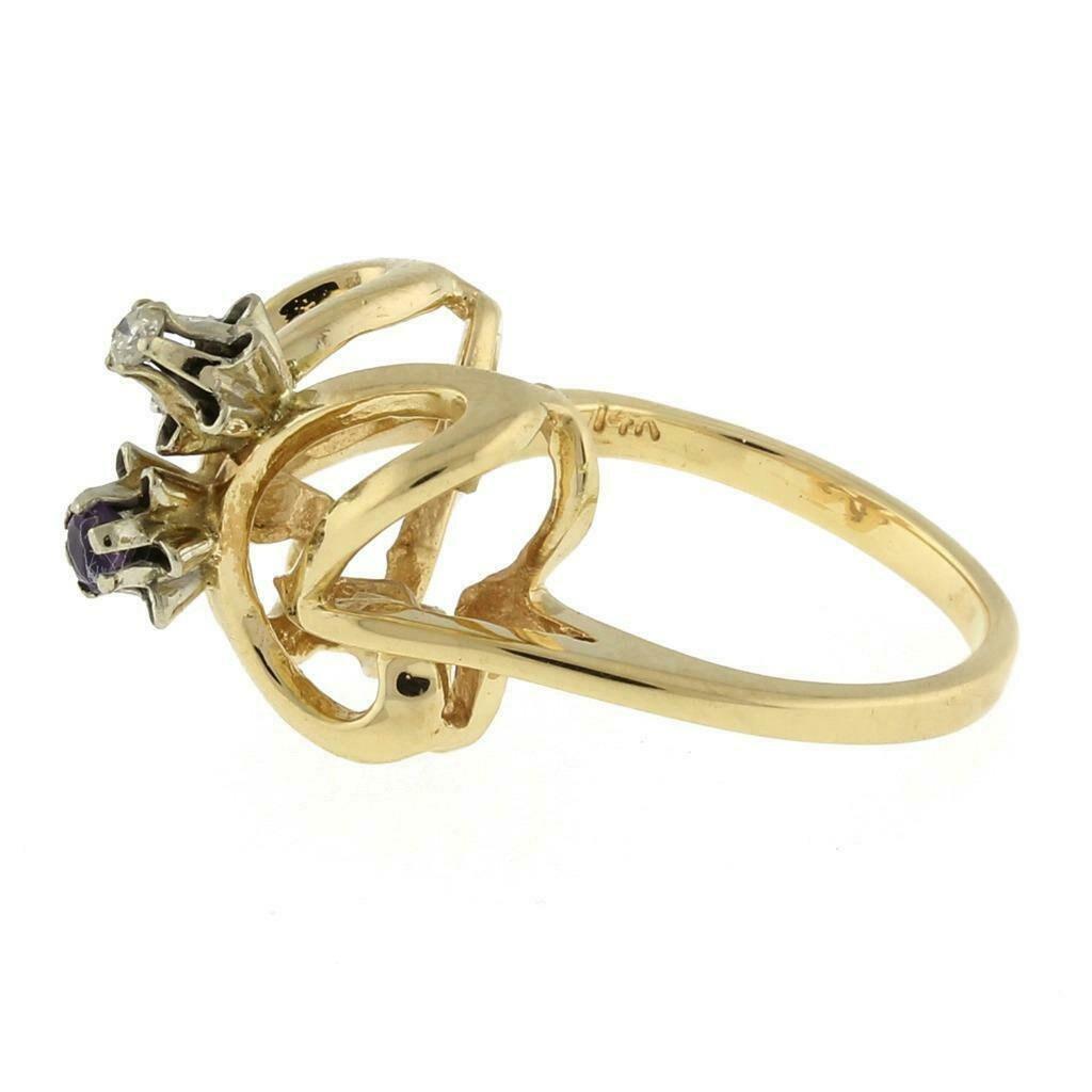 Butterfly Ring 14K Yellow Gold Amethyst Diamond 0.10 CTW Size 4.5 Ladies Vintage