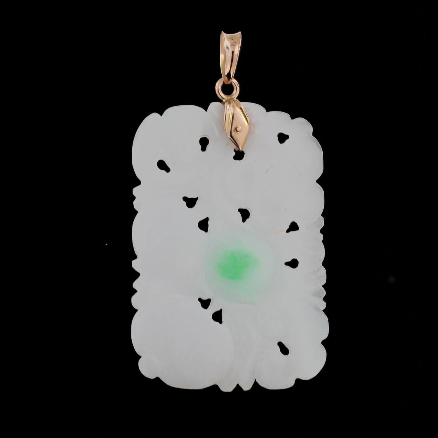 Vintage Carved White & Green Jade Pendant 14K Yellow Gold Unisex Estate 2"
