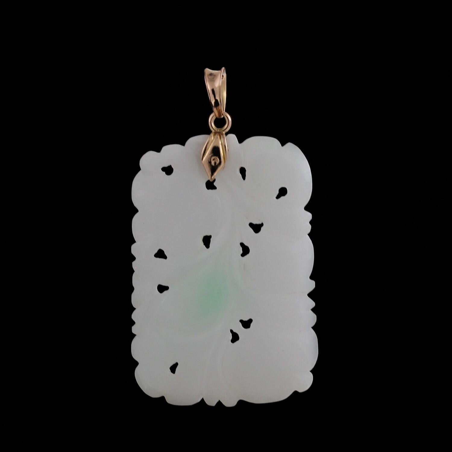 Vintage Carved White & Green Jade Pendant 14K Yellow Gold Unisex Estate 2"