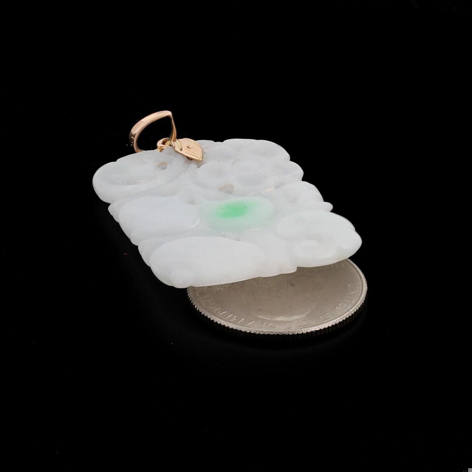 Vintage Carved White & Green Jade Pendant 14K Yellow Gold Unisex Estate 2"
