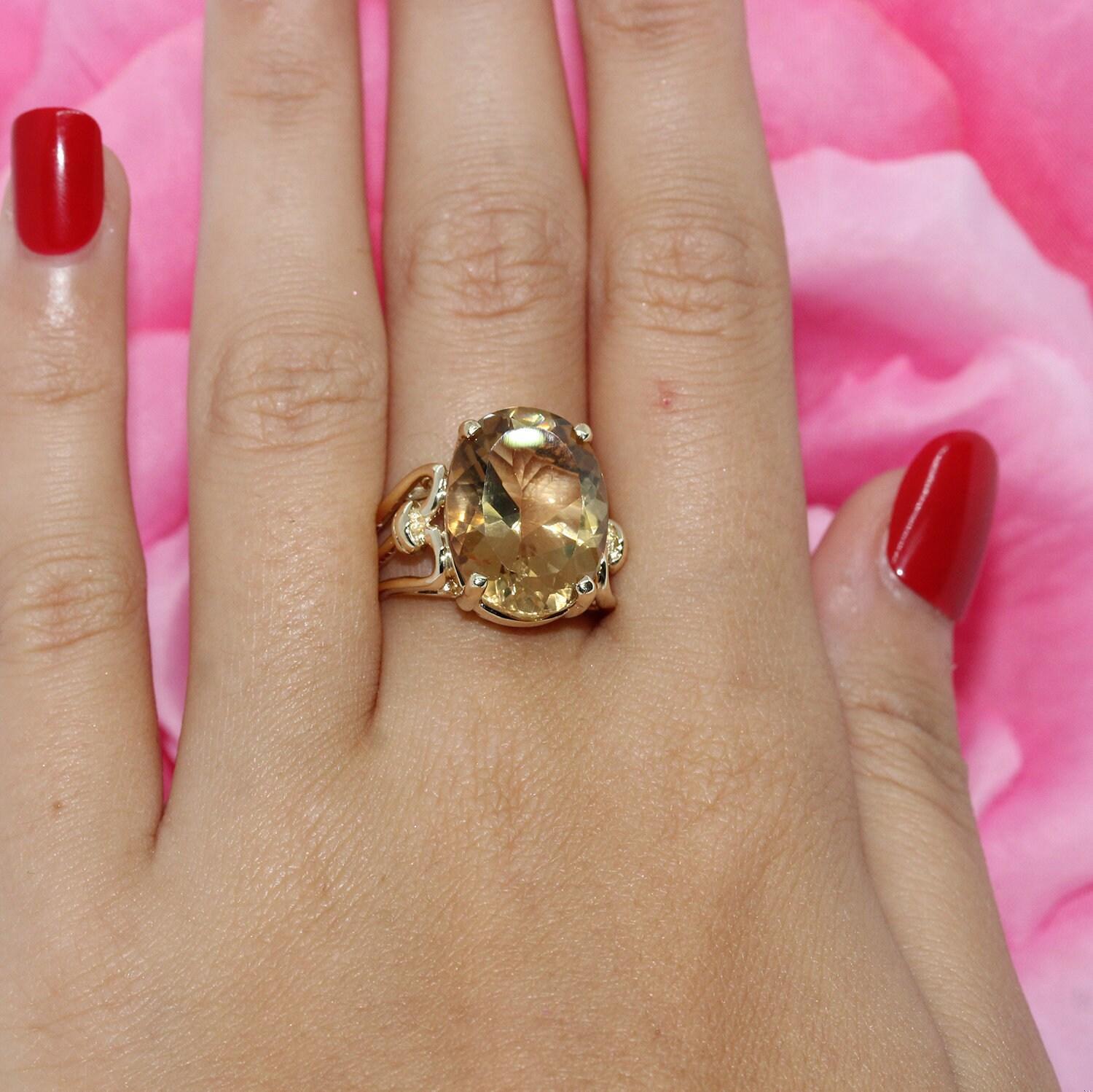 14K Yellow Gold 8.75ct Oval Citrine Scroll Filigree Split Shank Ring Size 5