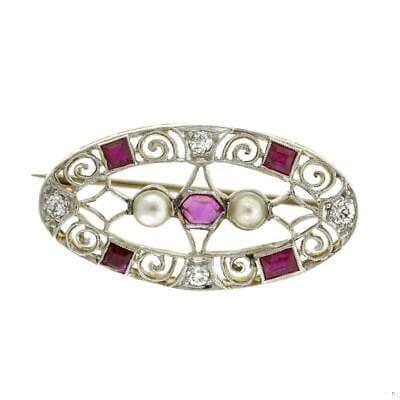 Vintage Diamond Ruby Freshwater Pearl Filigree Pin Brooch Gold Ladies