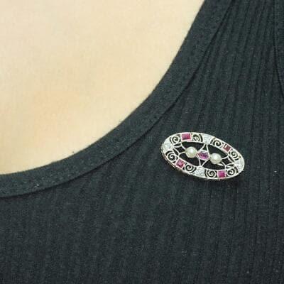 Vintage Diamond Ruby Freshwater Pearl Filigree Pin Brooch Gold Ladies