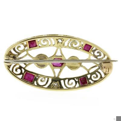 Vintage Diamond Ruby Freshwater Pearl Filigree Pin Brooch Gold Ladies