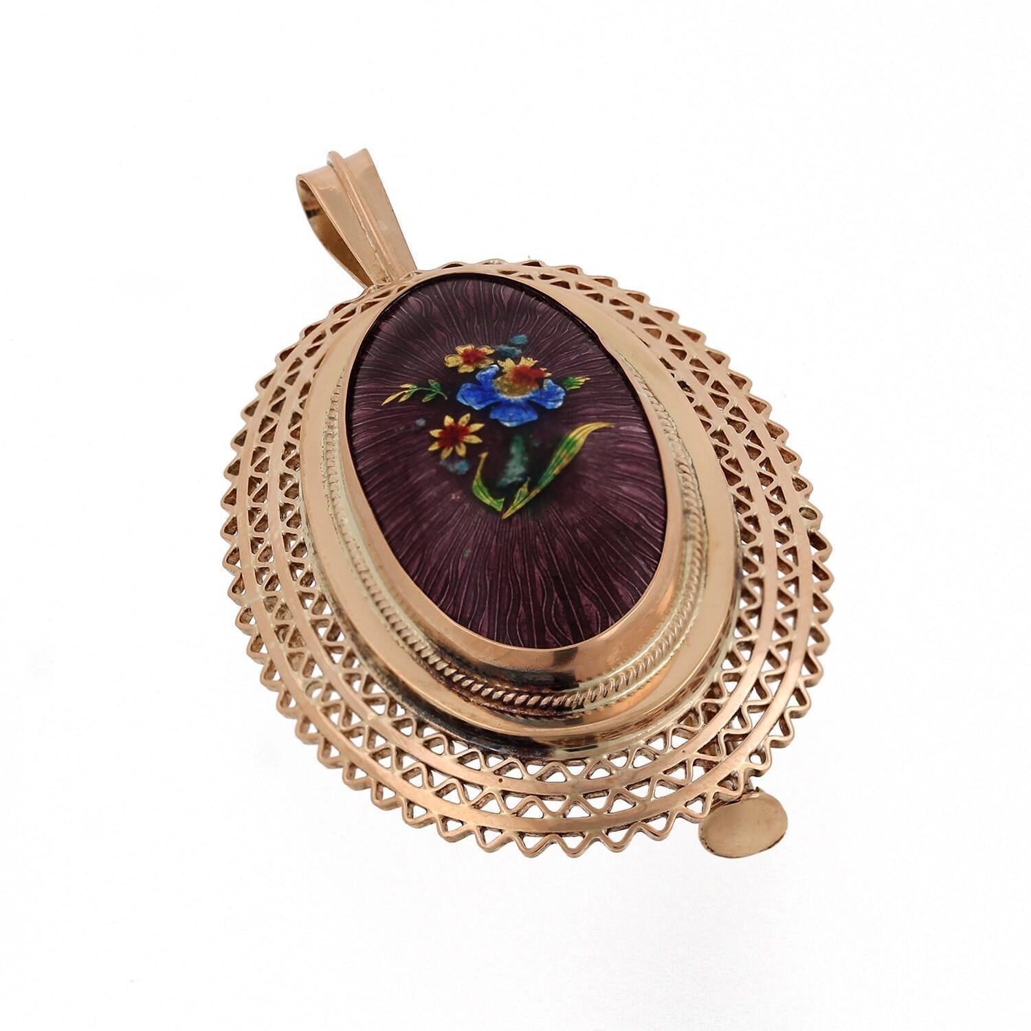 Vintage Enamel Floral Filigree Pendant Pin Brooch 14K Yellow Gold 1.75" Estate