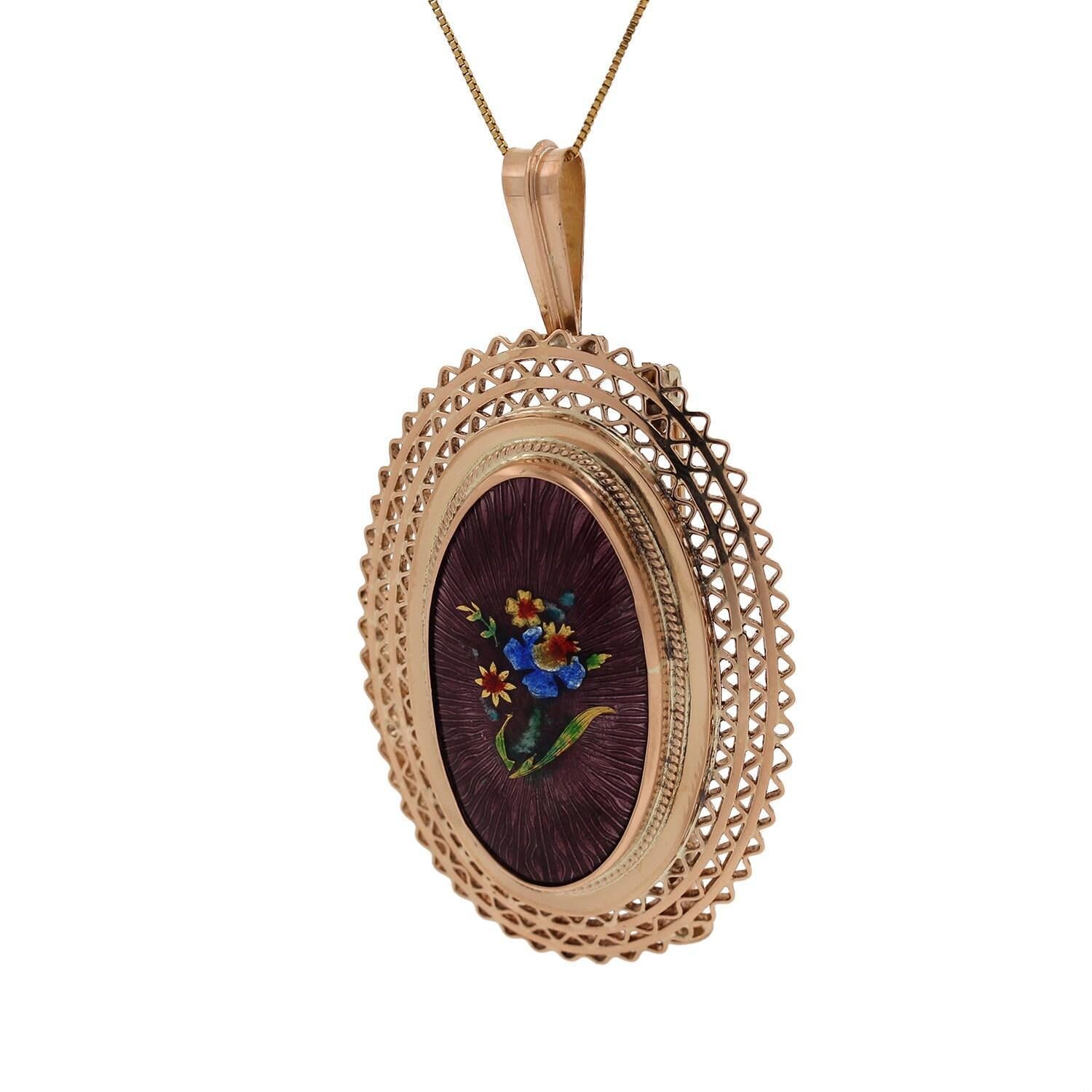 Vintage Enamel Floral Filigree Pendant Pin Brooch 14K Yellow Gold 1.75" Estate