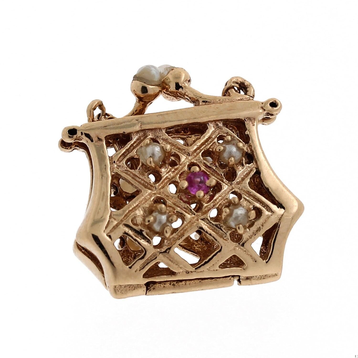 Filigree Purse Bag Charm Pendant Yellow Gold Pearl Sapphire Turquoise Accents 1"